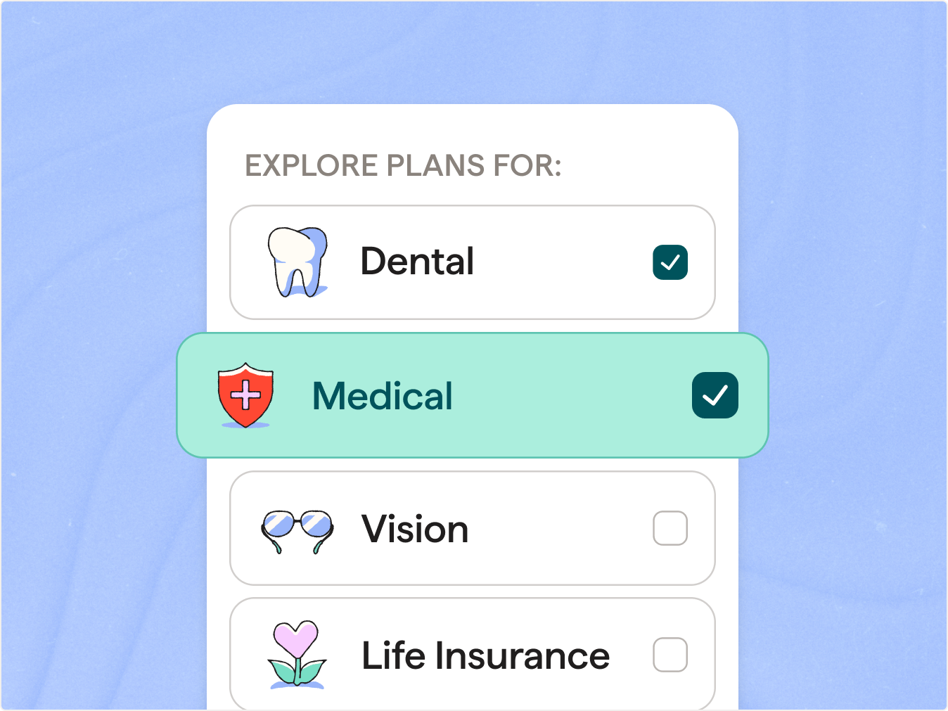 Plan selector with checkboxes for Dental, Medical, Vision, and Life Insurance, with Medical selected