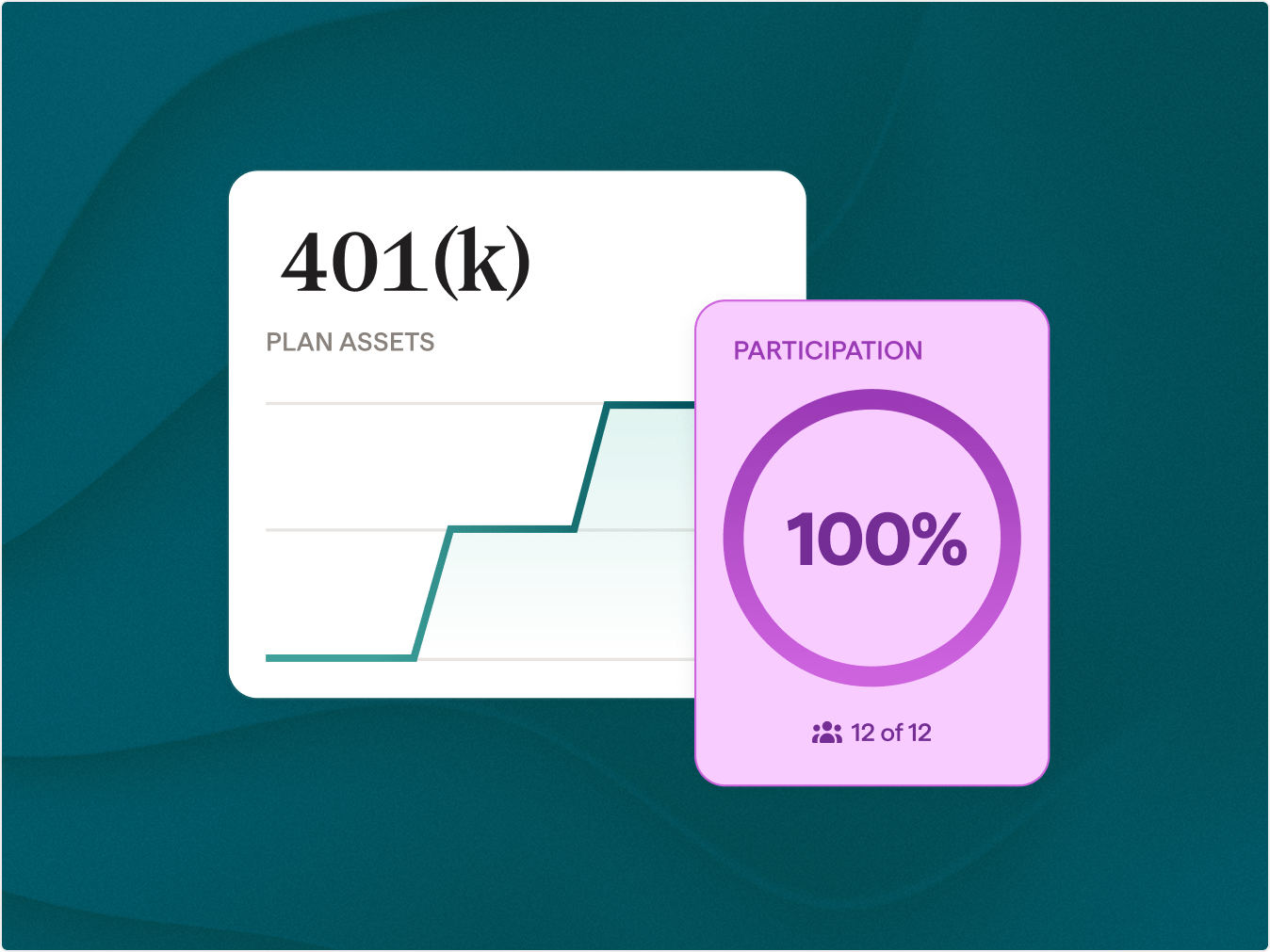 401(k) plan assets chart next to a badge showing 100% participation, 12 of 12 employees enrolled