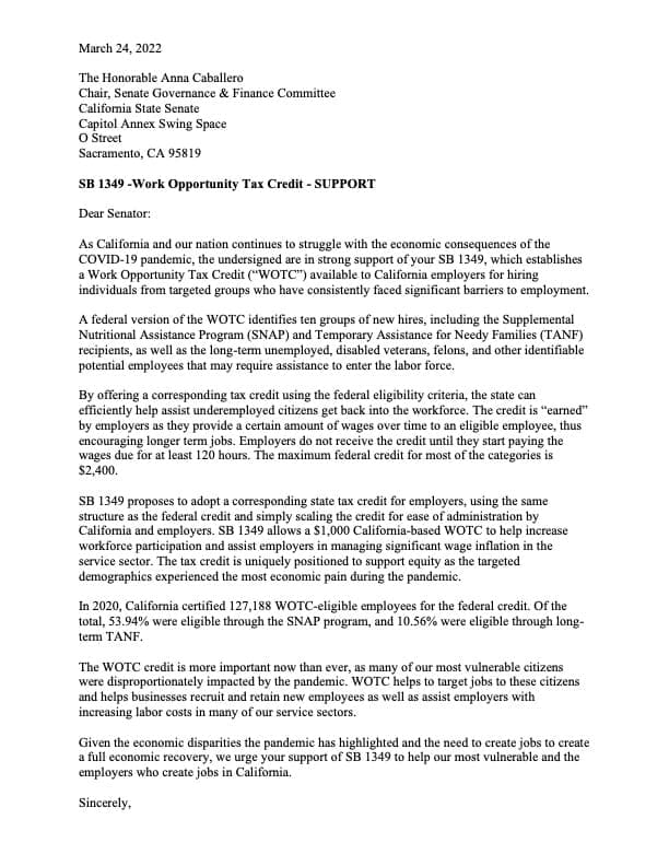 A letter featuring a coalition of more than 50 organizations in support of SB 1349