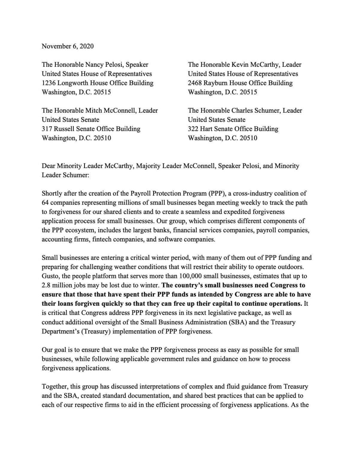 PPPFA Coalition letter to Congress 2020-11-06 - Page 1
