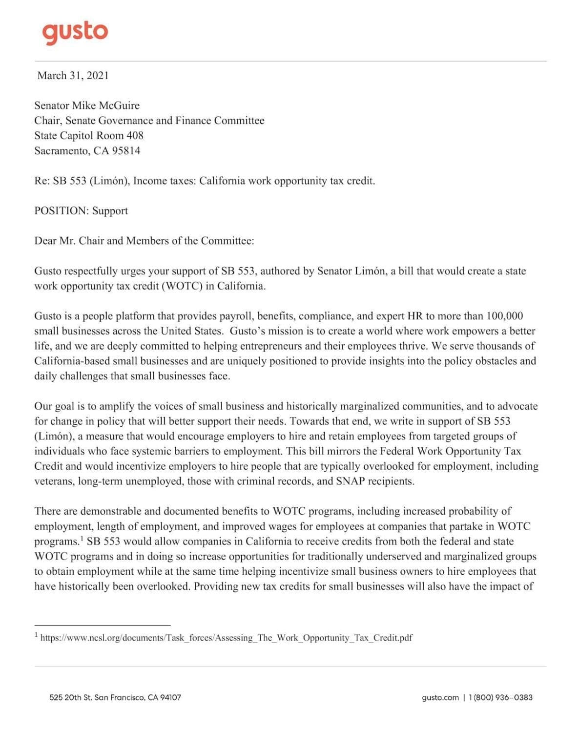 SB 553 Support Letter -1 of 2