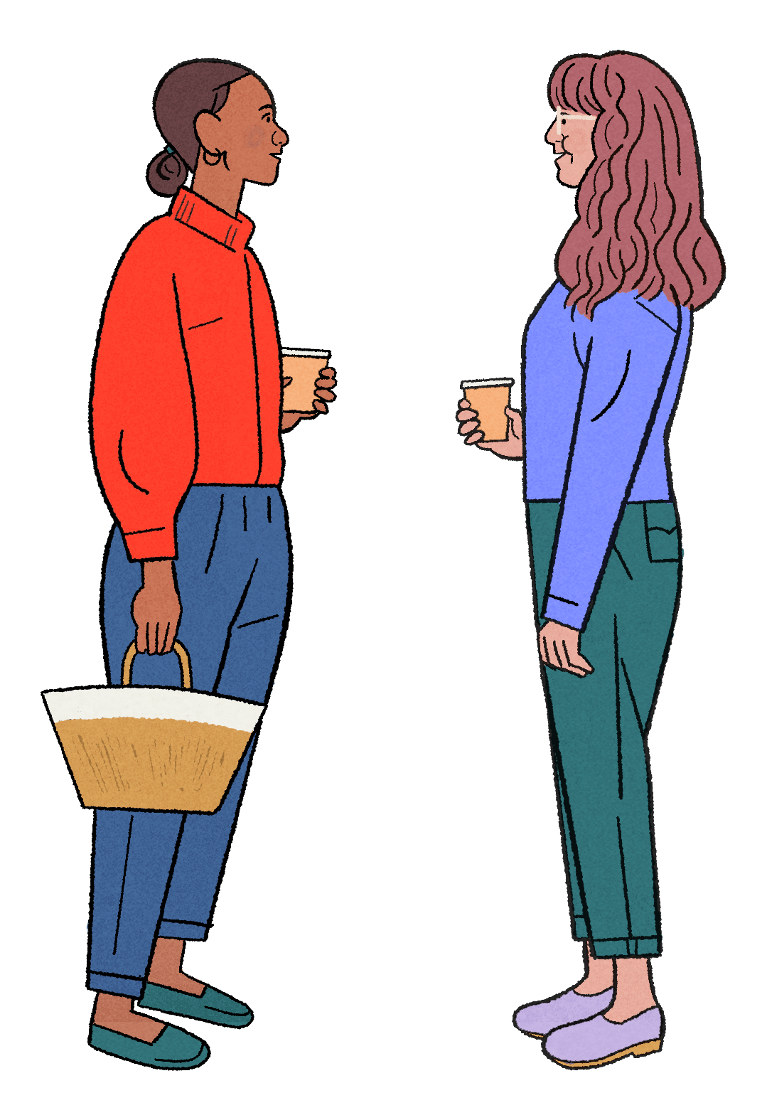 Illustration of 2 people chatting and holding coffee