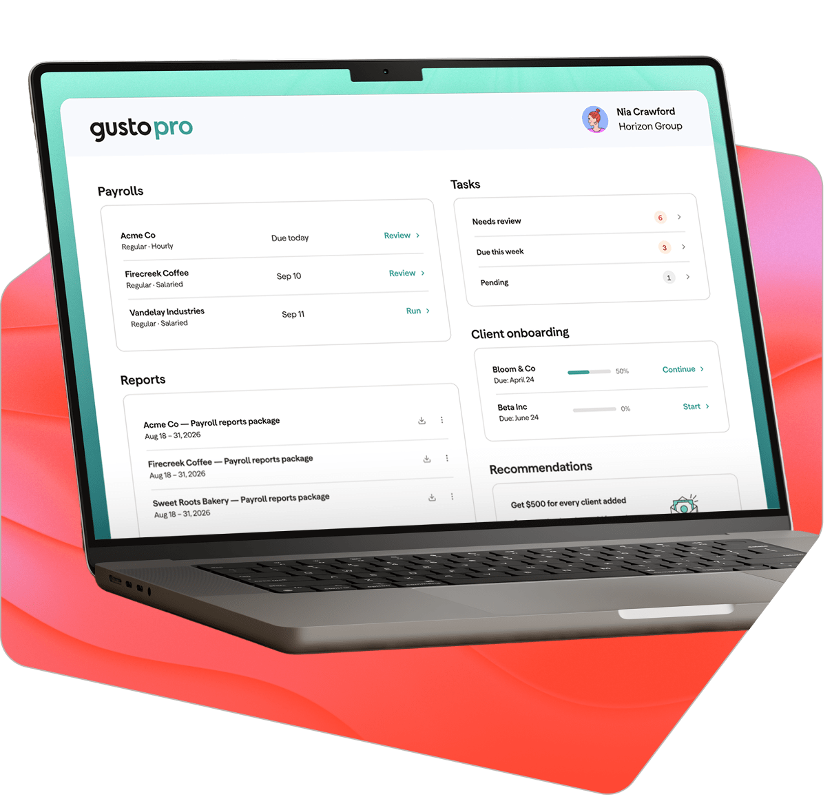 Gusto Pro dashboard on a laptop showing upcoming client payrolls, a task list with items needing review, client onboarding progress, and payroll report packages