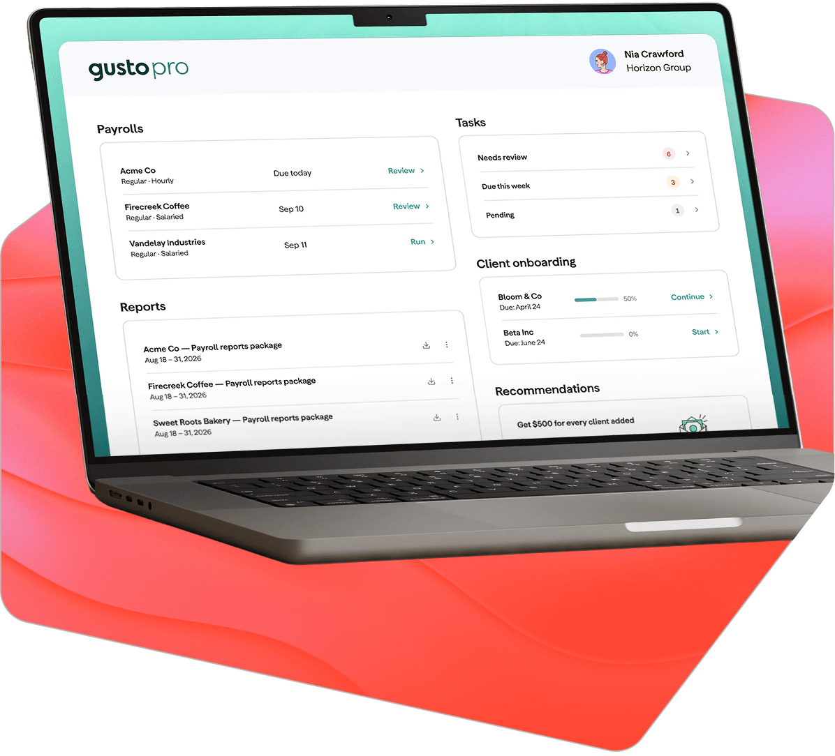 Gusto Pro dashboard on a laptop showing upcoming client payrolls, a task list with items needing review, client onboarding progress, and payroll report packages